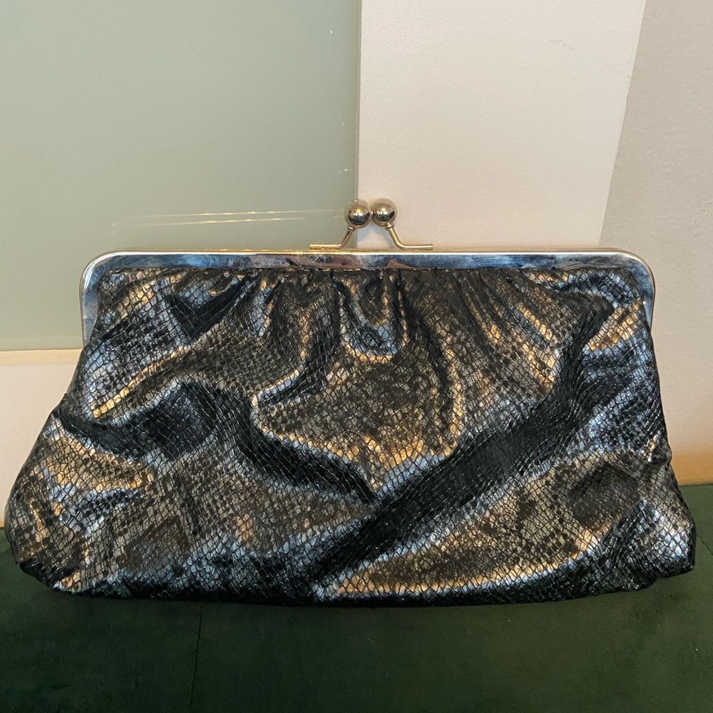 Faux snake print clutch